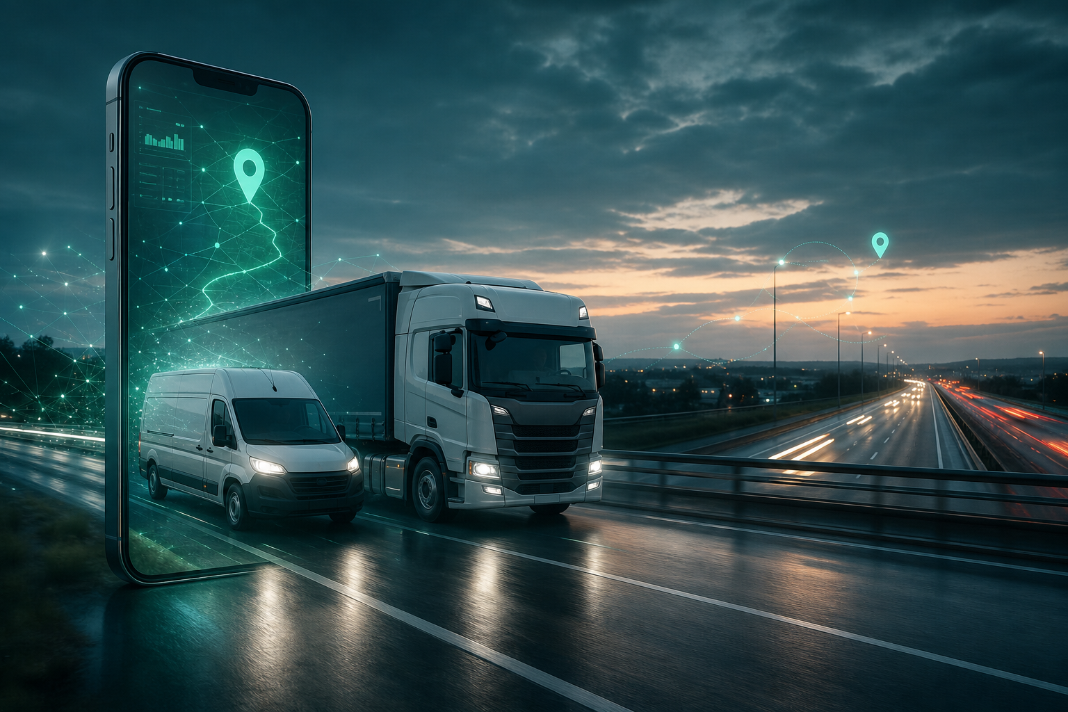 Van and truck emerging from a phone onto a wide UK highway